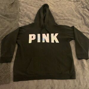 Victoria’s Secret Pink black hoodie with tiedye pastel logo M